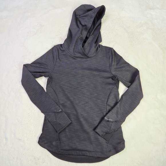 Athleta Black‎ Heathered Hoodie Thumbholes Zipper Pocket Athletic Top XS - Picture 2 of 13